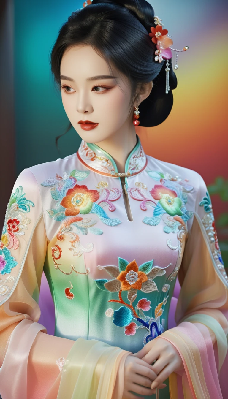 Highest quality, Incredibly absurd, Very detailed, 2.5D, delicate and dynamic, Beautiful woman, Intelligent and cool beauty, Captivating look, Tighten your hair, She is wearing a rainbow-colored cheongsam with intricate and luxurious embroidery and gradient sleeves., Shiny satin fabric, accessories, Best body shape, Gorgeous and luxurious effects, Background aristocratic society