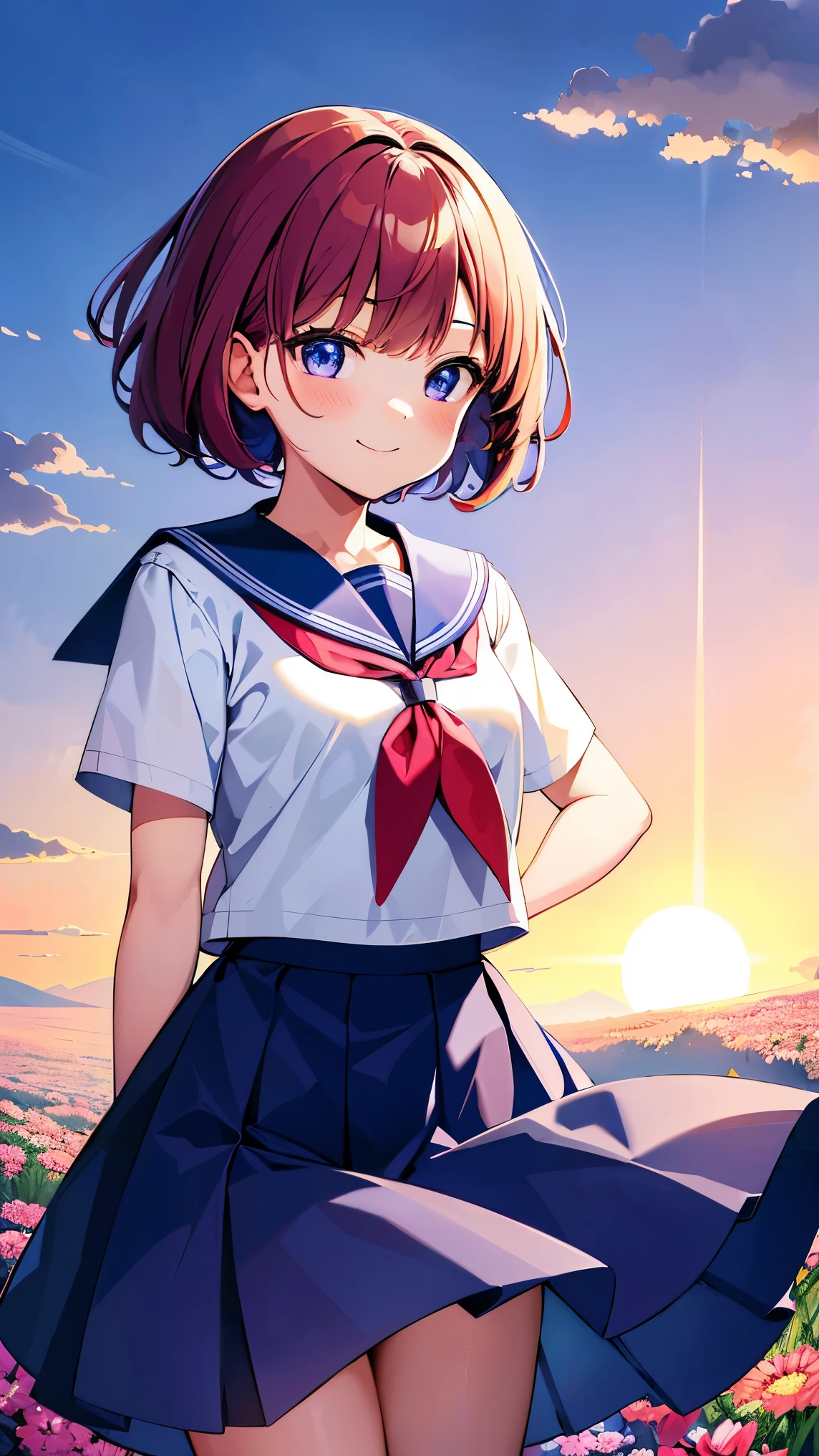 (( best quality, masterpiece, 4k|8k, absurdrity,)),"1girl, smile, blunt bangs, drooping eyebrows, detailed eyes:1.1", meadow, flying flowers, sunset, smile, white serafuku, blue sailor collar, red neckerchief, long white shirt, hemline trim, flowing pleated skirt, , lace-trimmed skirt, BREAK looking_at_viewer, (cross arms:1.2), blush, (facing shot:1.2), ultrahires, sunrise backlighting, cloudy, purple and blue gradient sky, butterflies, award winning, vibrant colors, flowers flying