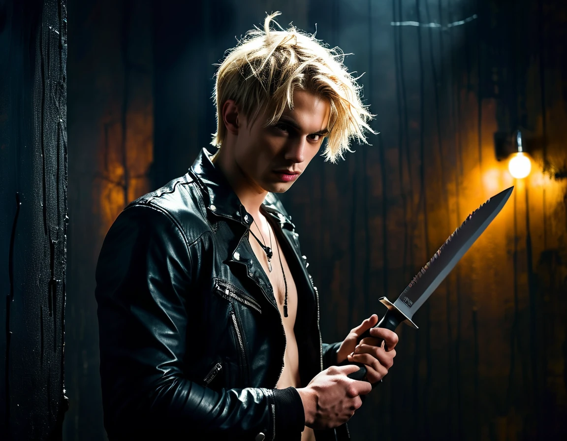 Realistic, forward facing shot, solo, young male model, 22 years, pale skin, model (skinny:1.3), (short messy blond hair:1.5), (black leather jacket:1.3), holding a knife, dark lighting, evil, sexy, demon, night club setting, BDSM background