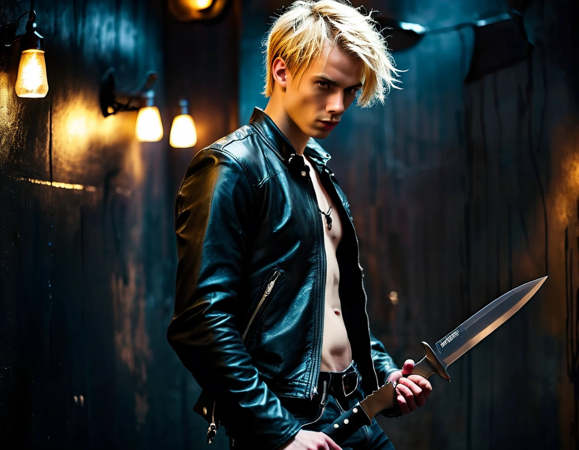 Realistic, forward facing shot, solo, young male model, 22 years, pale skin, model (skinny:1.3), (short messy blond hair:1.5), (black leather jacket:1.3), holding a knife, dark lighting, evil, sexy, demon, night club setting, BDSM background