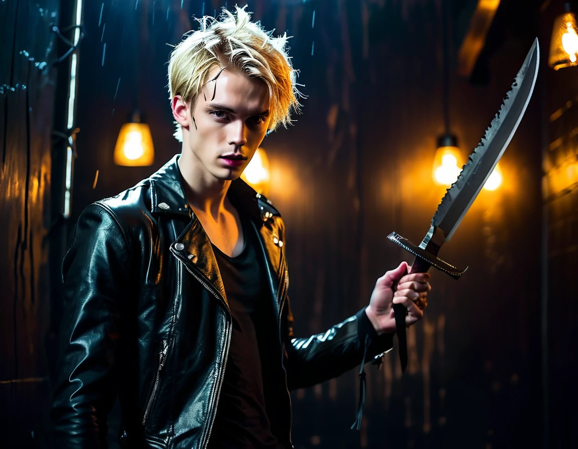 Realistic, forward facing shot, solo, young male model, 22 years, pale skin, model (skinny:1.3), (short messy blond hair:1.5), (black leather jacket:1.3), holding a knife, dark lighting, evil, sexy, demon, night club setting, BDSM background