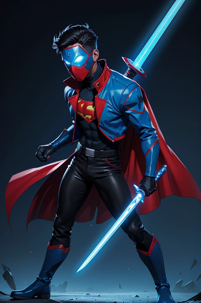 ((ULTRA quality)), ((A super hero)), ( red & blue color jacket, black pants &boots and he holds a blue color glowing sword), eyes glows in blue and wears a blue tech mask.The super hero ready for a action