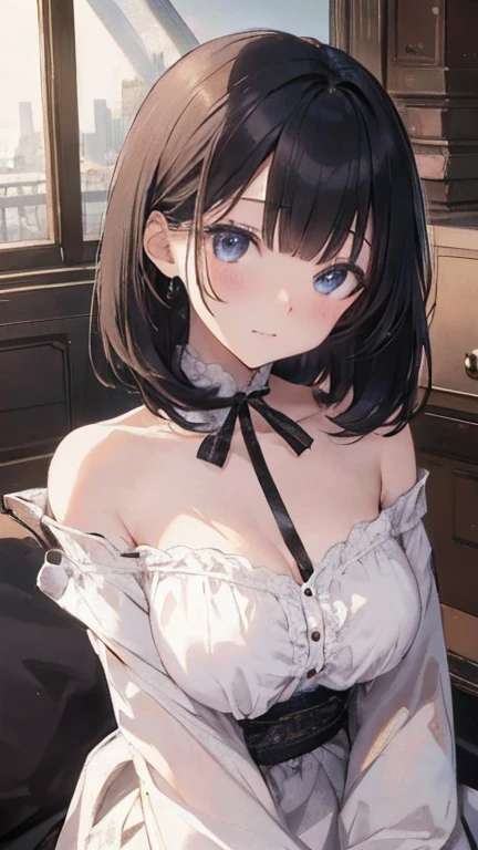 masterpiece、Highest quality、Highest quality、Black Hair、(((upon)))、 ((small))、Hair quality and shine、顔がsmall、Sitting、Very detailed, beautiful, Big eyes、Very detailed, clear and beautiful faces、(Cute illustrations:1.2), High resolution, Very detailed, Highest quality, Embarrassing,Big Breasts
