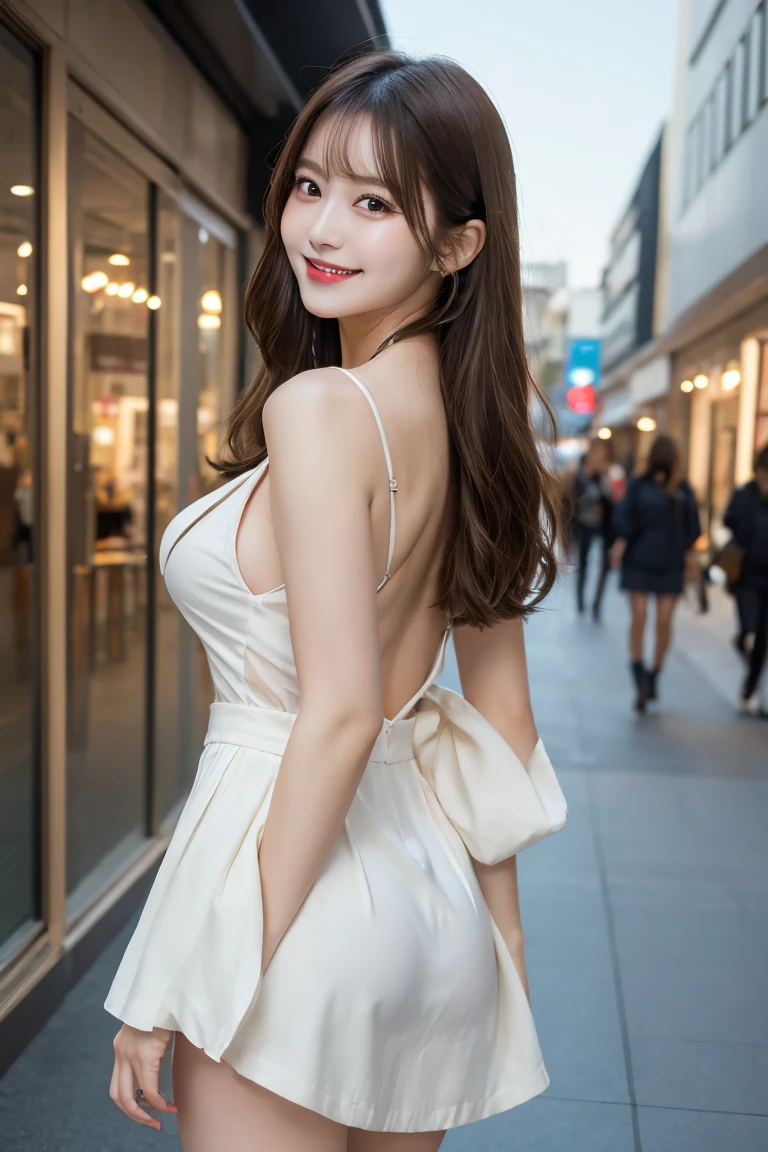 Shopping mall , Highest quality, shape, Very detailed, In detail, High resolution, 8k wallpaper, Perfect dynamic composition, Beautiful details, Natural Lip, Too cute outfit, Big Breasts, , She is smiling in a cute pose.., A masterpiece of the whole body, Side Short