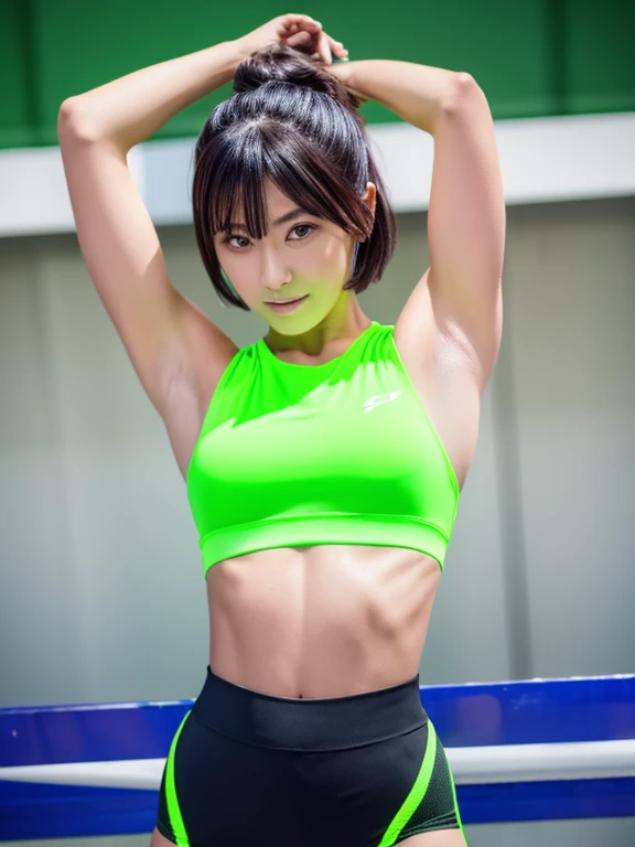 Best quality 8k resolution Ultra detailed Bright neon green competition sportswear Serious facial expression Cute beauty Abs Arms up Very short hair High waisted tights Flat chest Japanese Sharp focus Track and field club Very short hair 27 years old Sweating