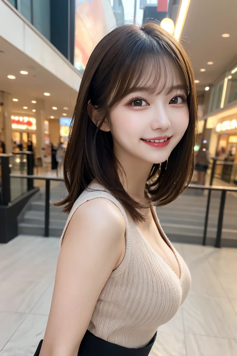 Shopping mall , Highest quality, shape, Very detailed, In detail, High resolution, 8k wallpaper, Perfect dynamic composition, Beautiful details,  Natural Lip, Too cute outfit, Big Breasts, , She is smiling in a cute pose.., A masterpiece of the whole body, Side Short