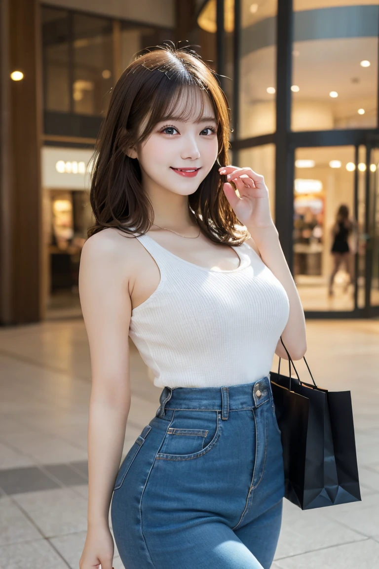 Shopping mall , Highest quality, shape, Very detailed, In detail, High resolution, 8k wallpaper, Perfect dynamic composition, Beautiful details,  Natural Lip, Too cute outfit, Big Breasts, , She is smiling in a cute pose.., A masterpiece of the whole body, Side Short