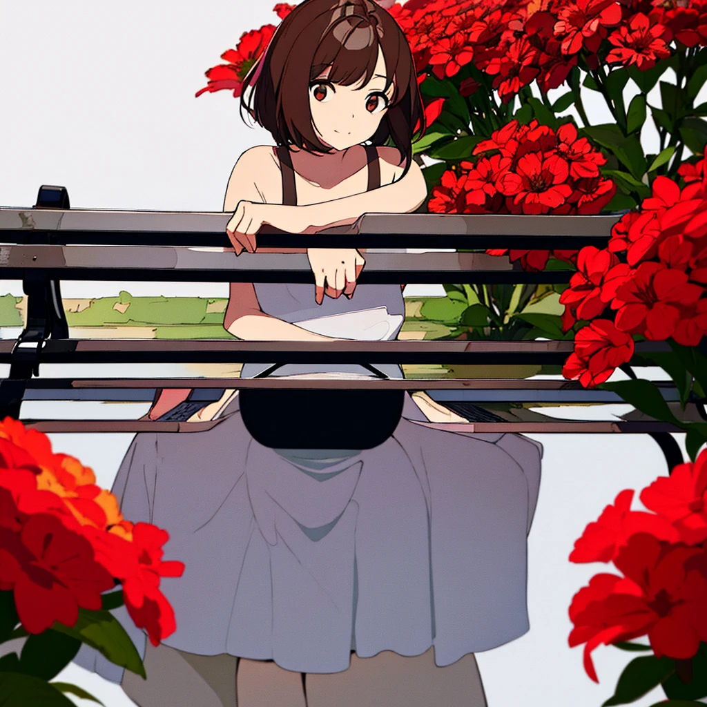 Light gray background Woman sitting on bench Red flowers Summer Brown short hair