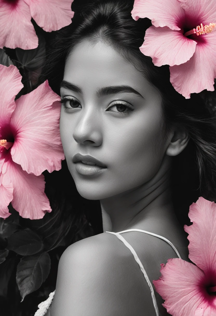 A black and white photo in raw format, zooming in on the intricate details of a young woman's face, shot with a solitary striking Pink Hibiscus, adding a touch of softness and femininity to the composition, enhancing the dramatic contrast and textures of the monochrome image.