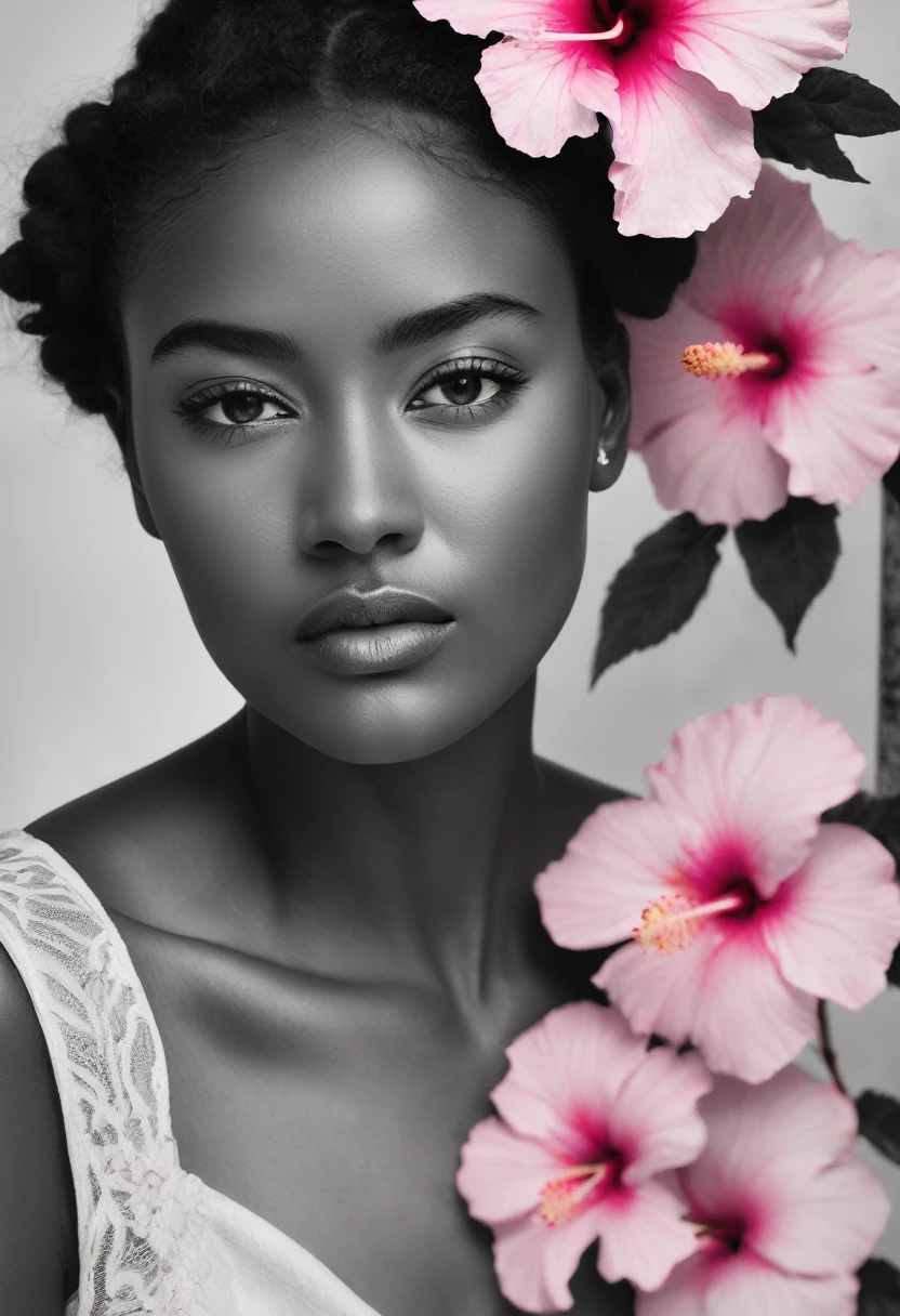 A black and white photo in raw format, zooming in on the intricate details of a young woman's face, shot with a solitary striking Pink Hibiscus, adding a touch of softness and femininity to the composition, enhancing the dramatic contrast and textures of the monochrome image.
