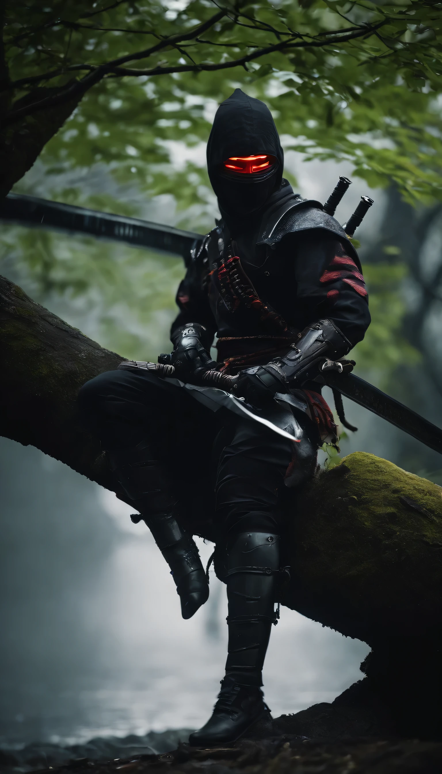 ninja shinobi cyberpunk cyborg robot .sitting on a tree branch.big thighs, at night, yasuke.Ninja wearing a hat. Cyborg shinobi. Red eyes, devil mask, rain. The dark night. Equipped with Sword at the back. Katana is in the back. Robots. Gear. screws. lamp. wire in the back. Catch monsters in alley.real. Tokyo. UE5 CGI