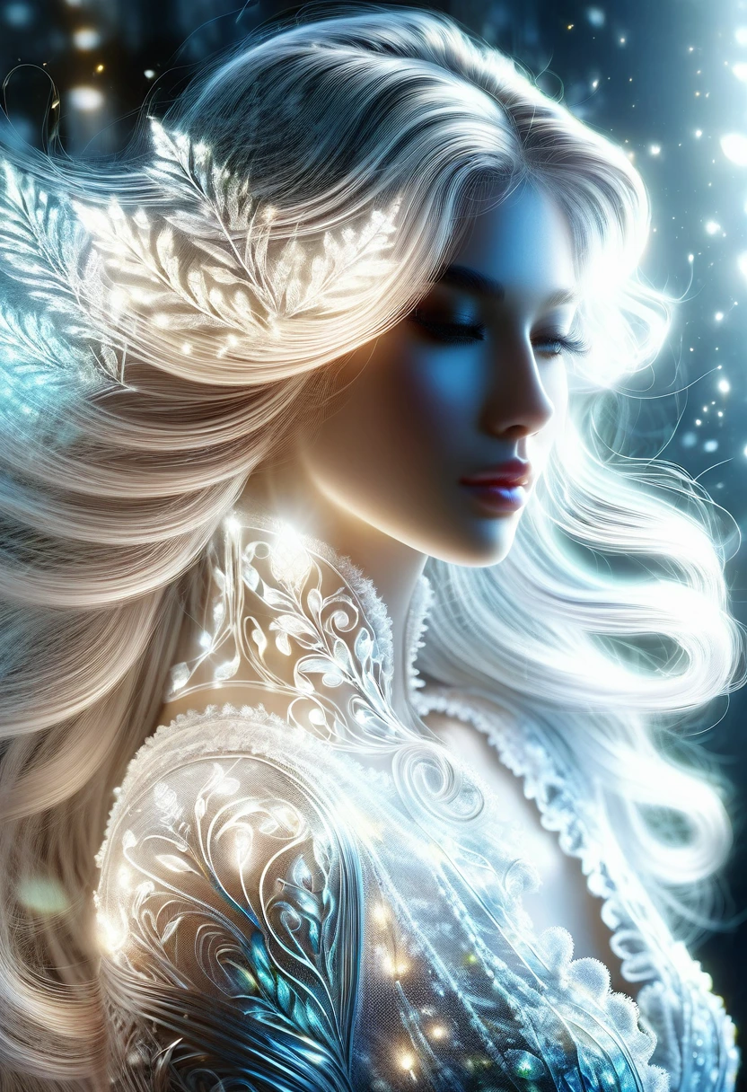 ((jewel_light element)), (Translucent luminous body_wearing a white frilly blouse), (girl made of light: 1.2, Long wavy hairstyle with delicate features and shine), (minimalism: 0.5), (Front close-up angle above the waist: 1.3), 4K, HDR, acid graphics, fantasy work, [Detailed and vivid face: 0.33], (White translucent glowing body and hair: 1.3), Shiny beautiful woman with silhouette outline, Understated elegance is revealed... A calm and dignified atmosphere provides a subtle sense of luxury..... gray smooth texture, stylish pose, fluorescent lamp, Glowing tattoo, bioluminescent tattoo, glowing pattern.