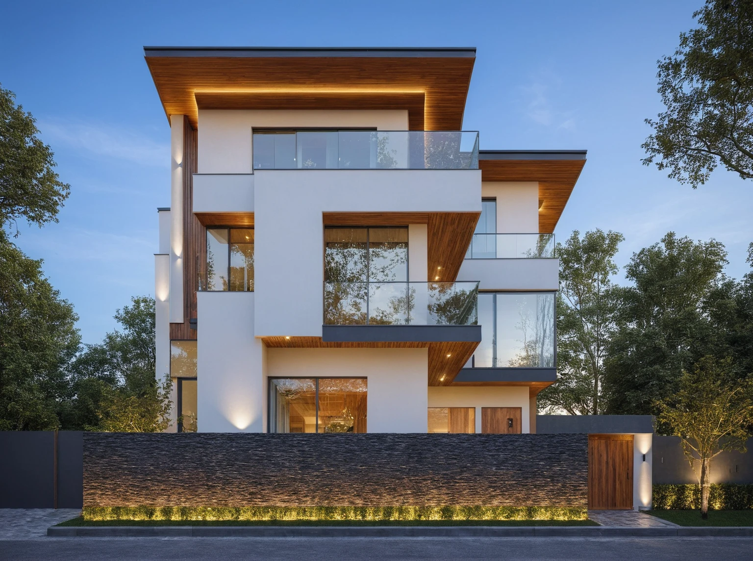 (Description of the first floor, ((white wall:1.2) mix design (Black aluminum brace separates villa floors)) , Precise lighting design, glass ceiling, and additional black marble map, (LED aluminum bar lights installed in ceiling and ceiling for exterior design), (2-sided spotlight for exterior design on the fence and door of the house), lighting steps leading up to planting flowers), modern villa design, (block sidewalks and asphalt roads), (day sky background), Low trees around the house, (mid day), (Neutral lighting is suitable for the townhouse, light color thermometer lighting), (architectural design visualization), (reflection), (focus on object), (material normal bump real reflection), (scattered light), (light ray), (multi-beam light), (sunbeam) (multi-level reflection), (chao vantage software visualization render),(((Best Quality))), ((Masterpiece)), ((best illustration)), ((best shadows)), ((Super Detail)), (Intricate lines), (Photorealism),(hyper detail), ((archdaily)), ((award winning design)), (dynamic light), ((day)), spotlight, (perfect light), (shimering light), ((photorealistic)), ((intricate detail)), ((extreme detail)), ((crazy detail)), ((octane render)), ((trending on artstation)), ((High-fidelity)), ((Viwvid)), ((Crisp)), ((Bright)), ((Stunning)), ((Eye-catching)), ((High-quality)),((Sharp))((Bright)), ((Stunning)), ((natural sun environment)), ((Eye-catching)), ((Illuminating)), ((Flawless)), ((High-quality)),((Sharp edge render)), ((medium soft lighting)), ((photographic render)), ((detailed archviz)), ((reality environment)), (modern villa design architectural design facade), (modern villa facade roof design), (modern villa facade wall design), (modern villa facade decoration material design) (modern villa door and window design modern), (environmental lighting design), (modern villa lighting design), (modern villa front gate and fence design), (Design lights for gate posts and fences), (modern villa facade railing design), 