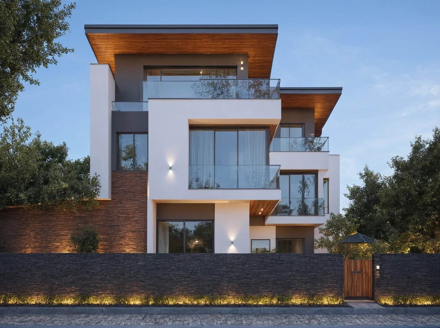 (Description of the first floor, ((white wall:1.2) mix design (Black aluminum brace separates villa floors)) , Precise lighting design, glass ceiling, and additional black marble map, (LED aluminum bar lights installed in ceiling and ceiling for exterior design), (2-sided spotlight for exterior design on the fence and door of the house), lighting steps leading up to planting flowers), modern villa design, (block sidewalks and asphalt roads), (day sky background), Low trees around the house, (mid day), (Neutral lighting is suitable for the townhouse, light color thermometer lighting), (architectural design visualization), (reflection), (focus on object), (material normal bump real reflection), (scattered light), (light ray), (multi-beam light), (sunbeam) (multi-level reflection), (chao vantage software visualization render),(((Best Quality))), ((Masterpiece)), ((best illustration)), ((best shadows)), ((Super Detail)), (Intricate lines), (Photorealism),(hyper detail), ((archdaily)), ((award winning design)), (dynamic light), ((day)), spotlight, (perfect light), (shimering light), ((photorealistic)), ((intricate detail)), ((extreme detail)), ((crazy detail)), ((octane render)), ((trending on artstation)), ((High-fidelity)), ((Viwvid)), ((Crisp)), ((Bright)), ((Stunning)), ((Eye-catching)), ((High-quality)),((Sharp))((Bright)), ((Stunning)), ((natural sun environment)), ((Eye-catching)), ((Illuminating)), ((Flawless)), ((High-quality)),((Sharp edge render)), ((medium soft lighting)), ((photographic render)), ((detailed archviz)), ((reality environment)), (modern villa design architectural design facade), (modern villa facade roof design), (modern villa facade wall design), (modern villa facade decoration material design) (modern villa door and window design modern), (environmental lighting design), (modern villa lighting design), (modern villa front gate and fence design), (Design lights for gate posts and fences), (modern villa facade railing design), 