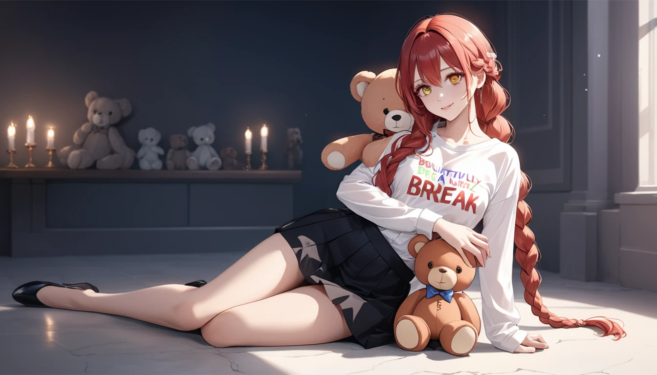 hand, hand, long hair, รอยsmile, smooth, small breasts, (yellow eyes:1.2), braid, red hair, braided ponytail, big eyes,นั่วHug a teddy bear,sexy,full body,Sitting position,Hug a teddy bear,smile,flirt,grave background,ผี
Take a break shirt, long sleeve, white shirt, dress shirt, skirt, black skirt, It&#39;s official., suit, black nightie, lady,
Take a break (Masterpiece:1.2), best quality, high resolution, Harmony wallpaper 8K, (illustration:0.8), (Beautifully detailed eyes:1.6), Very detailed face, perfect lighting, The CG is very detailed., (handที่สมบูรณ์แบบ, perfect anatomy), 