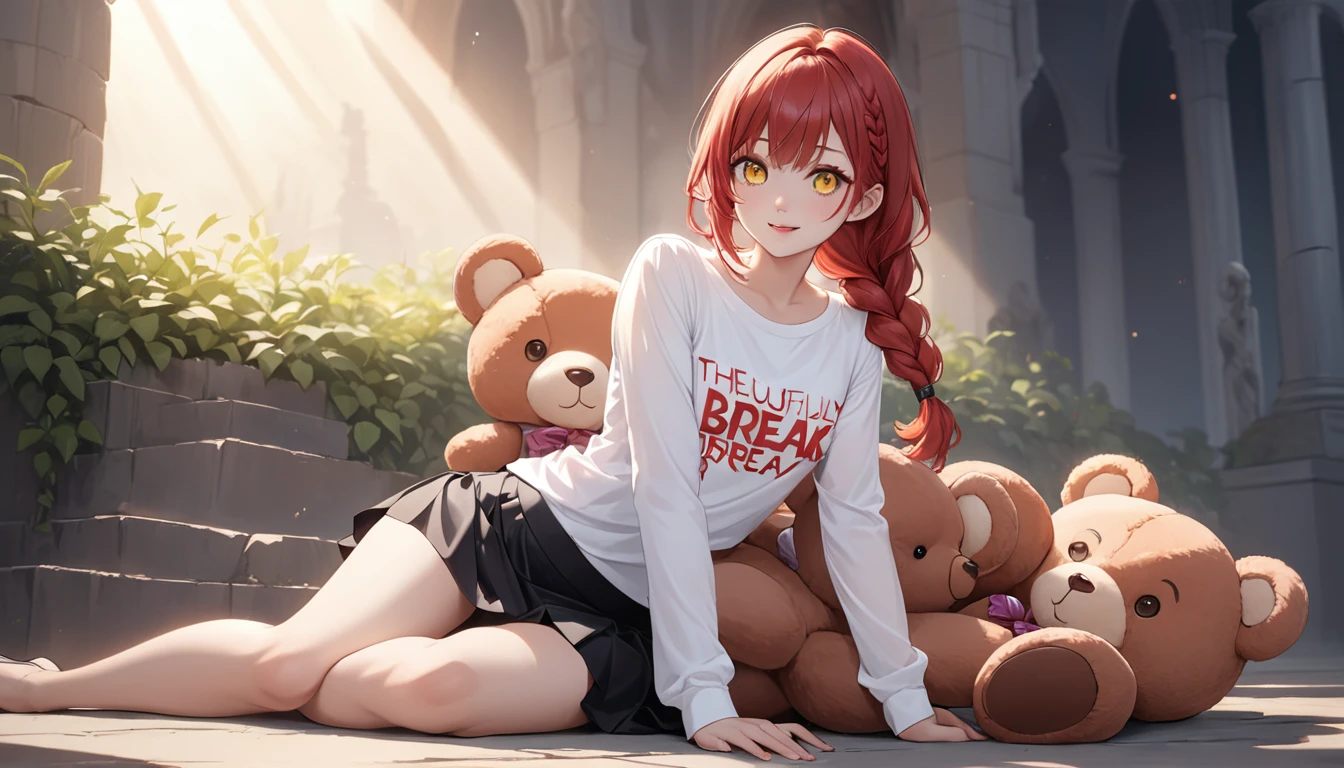 hand, hand, long hair, รอยsmile, smooth, small breasts, (yellow eyes:1.2), braid, red hair, braided ponytail, big eyes,นั่วHug a teddy bear,sexy,full body,Sitting position,Hug a teddy bear,smile,flirt,grave background,ผี
Take a break shirt, long sleeve, white shirt, dress shirt, skirt, black skirt, It&#39;s official., suit, black nightie, lady,
Take a break (Masterpiece:1.2), best quality, high resolution, Harmony wallpaper 8K, (illustration:0.8), (Beautifully detailed eyes:1.6), Very detailed face, perfect lighting, The CG is very detailed., (handที่สมบูรณ์แบบ, perfect anatomy), 