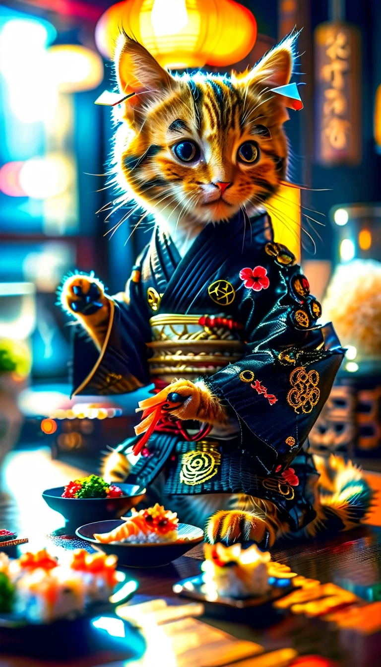 a HDR full body shot photograph of (((cutest young samourai cat intricate detail)))((eating sushi:1.2)), (intricate cyberpunk cyborg), detailed eyes, soft bokeh, (atmospheric light), (sharpen light and shadow), lens flare