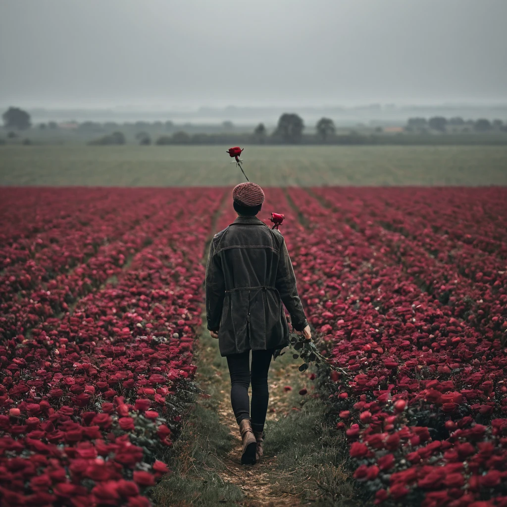 Mixed emotions ,vast field and, person walking lonely with a rose in hand 