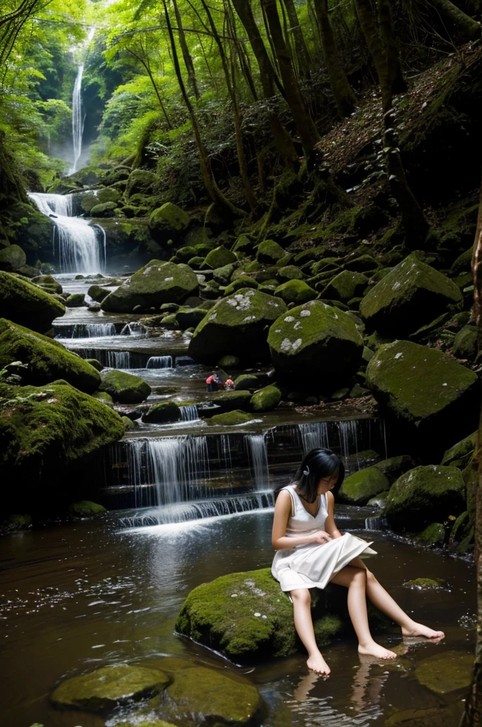 A girl between 20 and 26 years old,Tran Loon is sitting next to a waterfall and dipping his feet into the stream in a forest.