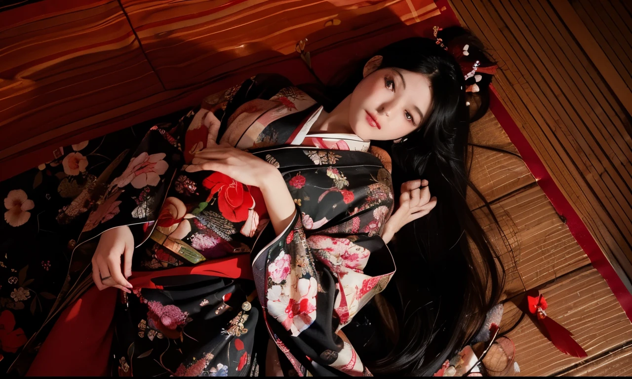 a girl with long black hair and red eyes, beautiful detailed eyes, beautiful detailed lips, extremely detailed face and eyes, long eyelashes, wearing a colorful floral patterned kimono, lying on a traditional japanese tatami, red flowers scattered around, calm, melancholic, cinematic lighting, intricate details, photorealistic, 8k, best quality, masterpiece