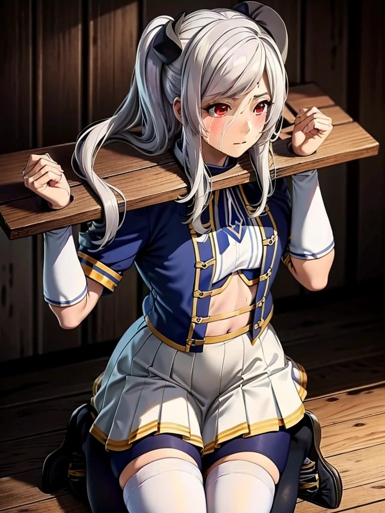 Pillory,One girl, hair accessory, tie, white skirt, uniform, white knee socks,Gray Hair,Red eyes