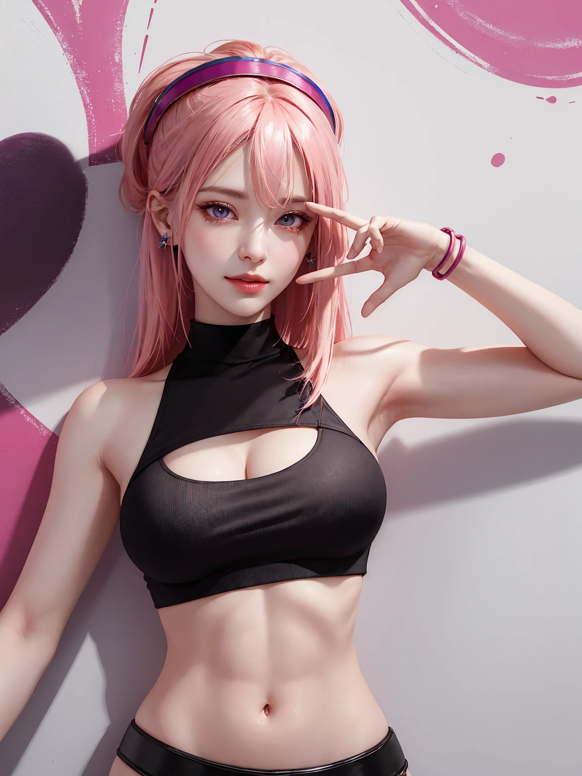 (Masterpiece, best quality, 1 girl, alone, complicated details, Chromatic aberration), realistic, ((Moderate breath)),long hair, pink hair, Red headpiece, Pink Highlights, hair on one eye,purple eyes, earring, sharp eyes, choker, Neon coat, She wears a collar, bangle, and kimono style garters., crop top, (symmetrical eyes),(Perfect symmetrical body),against the wall, Brick wall, (colorful graffiti words on the wall:1.2), The light is dim., alley ,Look at the viewer.、Dig the chest、smile、(sleeveless、Navel touch、Fitted turtleneck.)、street string hot pants、Thin bottom、Please build above the eaves..、Thin shoulders、(The is very detailed 8k wallpaper), Medium plan, droid, Beautiful female appearance , perfect body figure, Sexy figure, Content in question,Location,technologies, mirai, Nanotechnology, an intricate, The is very detailed, dramatics