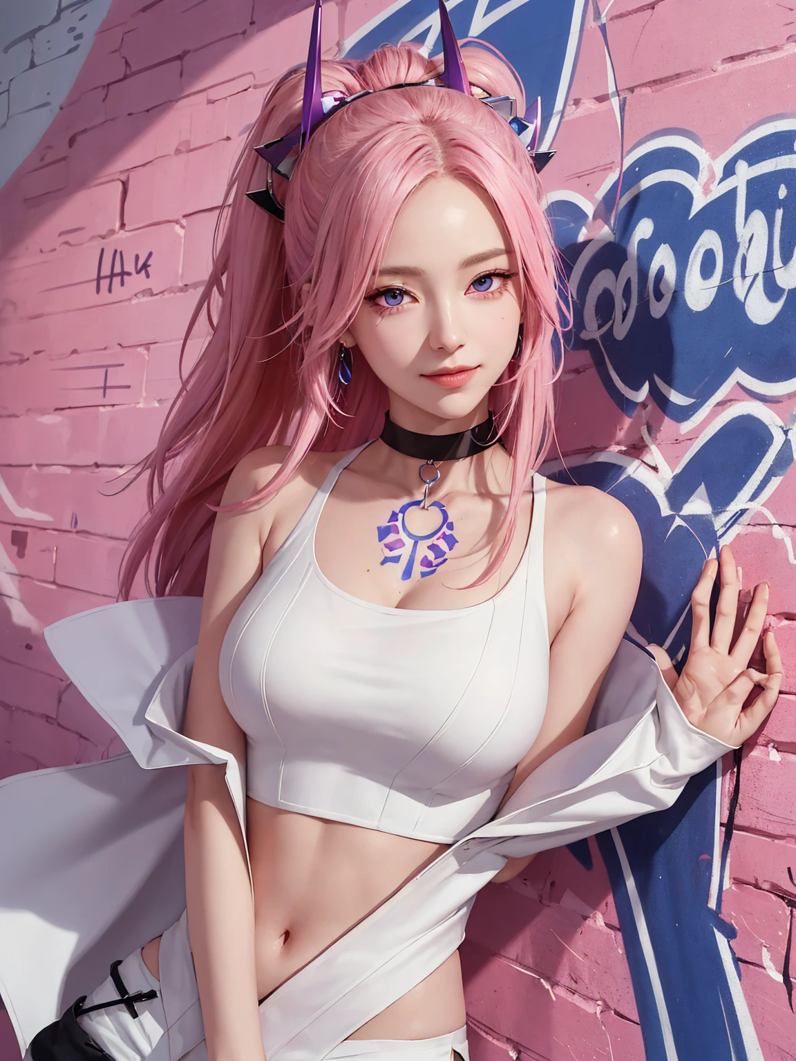 (Masterpiece, best quality, 1 girl, alone, complicated details, Chromatic aberration), realistic, ((Moderate breath)),long hair, pink hair, Red headpiece, Pink Highlights, hair on one eye,purple eyes, earring, sharp eyes, choker, Neon coat, She wears a collar, bangle, and kimono style garters., crop top, (symmetrical eyes),(Perfect symmetrical body),against the wall, Brick wall, (colorful graffiti words on the wall:1.2), The light is dim., alley ,Look at the viewer.、Dig the chest、smile、(sleeveless、Navel touch、Fitted turtleneck.)、street string hot pants、Thin bottom、Please build above the eaves..、Thin shoulders、(The is very detailed 8k wallpaper), Medium plan, droid, Beautiful female appearance , perfect body figure, Sexy figure, Content in question,Location,technologies, mirai, Nanotechnology, an intricate, The is very detailed, dramatics