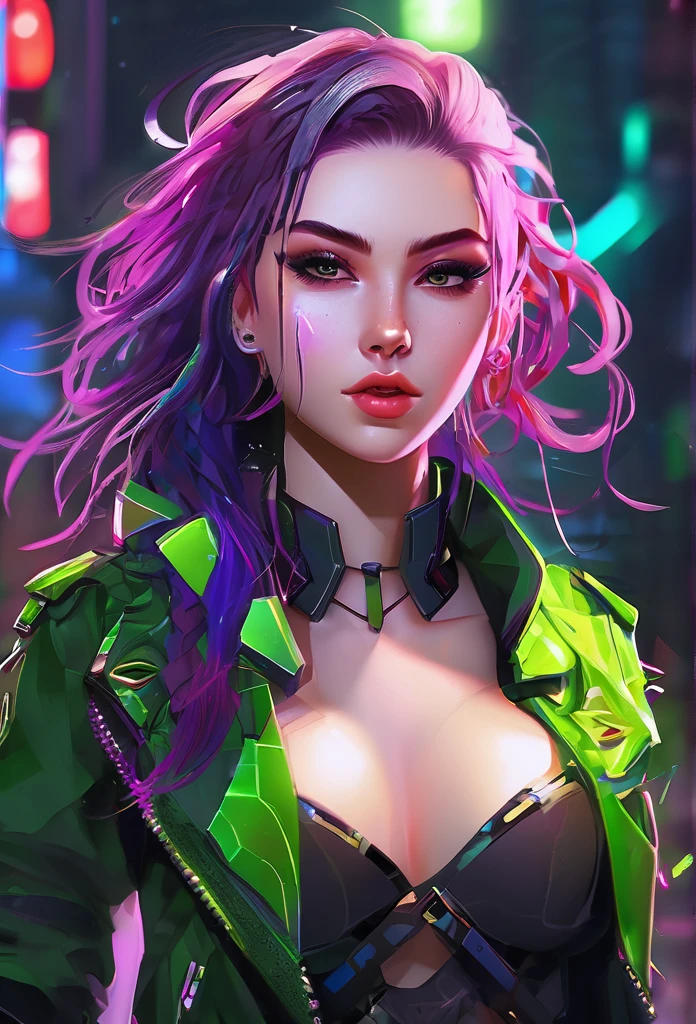 1girll, Cyberpunk Style, neonlight (Green:0.9) The letter N made of broken glass on Cyberpunk Street。, Beautiful, Cyberpunk girl standing on the street, Cute cyberpunk girl, Beautiful eyes, 4K eyes, Beautiful face, full bodyesbian, Large breasts, Long (purple:0.8) Hair, Normal eyes, high resolution, elegant, Artistic, Creative, Detailed, 8K, Expressive, intricately details, Masterpiece