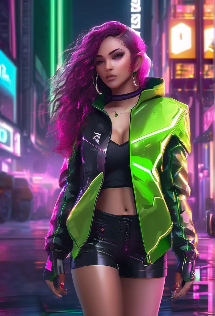 1girll, Cyberpunk Style, neonlight (Green:0.9) The letter N made of broken glass on Cyberpunk Street。, Beautiful, Cyberpunk girl standing on the street, Cute cyberpunk girl, Beautiful eyes, 4K eyes, Beautiful face, full bodyesbian, Large breasts, Long (purple:0.8) Hair, Normal eyes, high resolution, elegant, Artistic, Creative, Detailed, 8K, Expressive, intricately details, Masterpiece