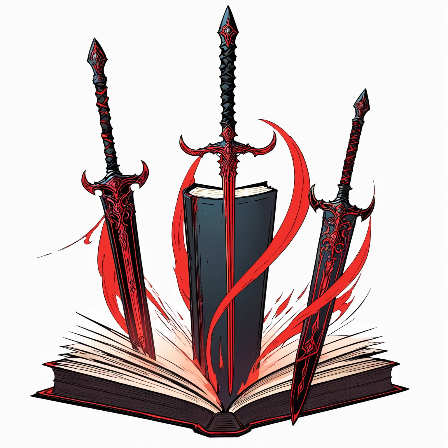 there is a book with a sword and three swords on it, rpg rulebook illustration, fantasy rpg book illustration, fantasy rpg weapon art, rpg illustration, fantasy book illustration, swords drawn, many swords, metal swords, multiple floating swords, red auroras, red aura with thick black outlines, thick outlines