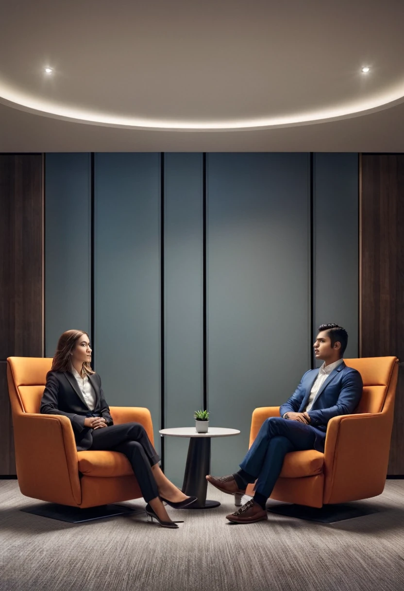 A estranged brother and sister sitting in an office room, Brother in suit who is CEO sitting in his chair, while sister in casual clothes sitting opposite to him, they are looking at each other, photo realstic, cinematic lighting, epic composition