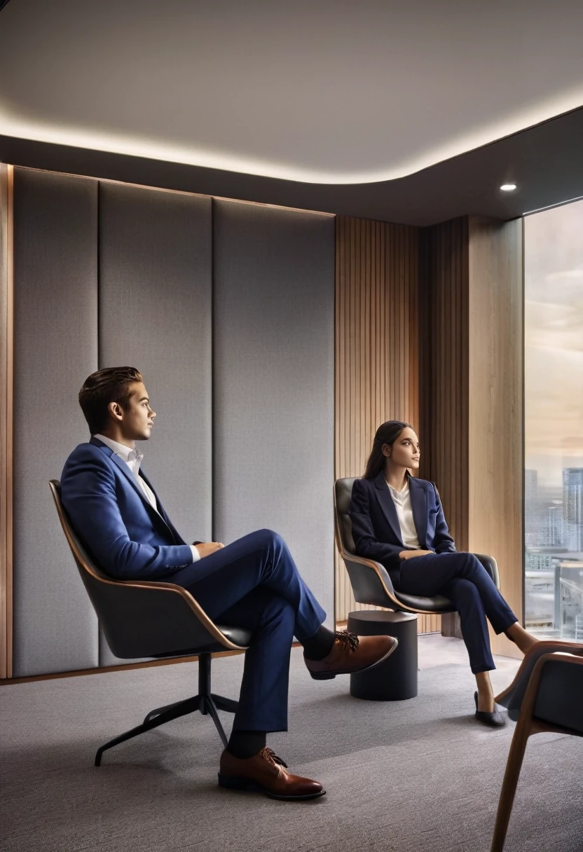 A estranged brother and sister sitting in an office room, Brother in suit who is CEO sitting in his chair, while sister in casual clothes sitting opposite to him, they are looking at each other, photo realstic, cinematic lighting, epic composition