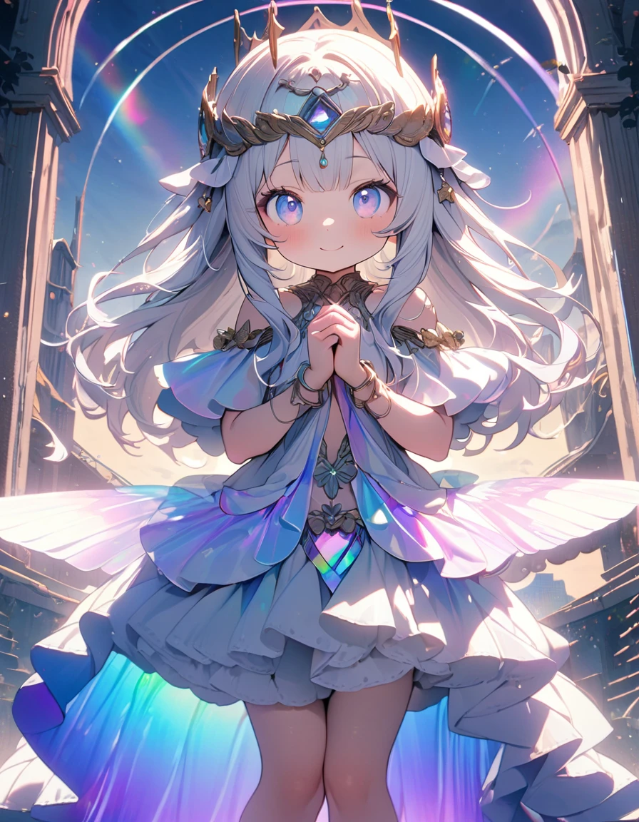 (8K, best quality, master piece: 1.2),super high resolution,1 girl is Aphrodite,18yo,solo,detailed cute face, pretty baby face, ultra cute kawaii, smile,detailed eyes,white hair,long hair,arched crown,(Aphrodite, :1.4),straight hair,(iridescent light:1.4),立っている,own hands together,Sky Bridge,sense of depth