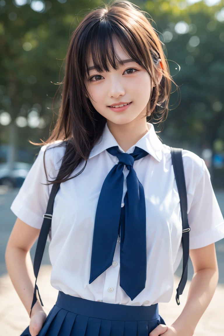 ((school uniform)),ribbon at neck,(school uniform and ((navy skirt)) and white shirt:1.1), Skin color, big , smile, (8k, RAW Photos, Highest quality, masterpiece:1.2), masterpiece, super detailed, super high quality, (Realistic and Realistic photography:1. 37), High-resolution RAW color photos, Very delicate and beautiful, highly detailed, 8k壁紙, wonderful, detailed, Very eye, very detailed, very detailed skin, very thin fingers, very detailed nose, very detailed mouth, Perfect Anatomy, Upper Body, studio, Soft lighting, A full-body shot of a cute idol wearing a one-piece swimsuit, Playful pose, Hands on hips, smile, Pastel Background, Realistic, Attention to detail, studio photography