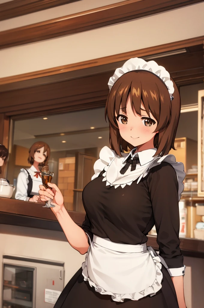 1girl, solo, girls und panzer, nishizumi miho,  brown eyes, brown hair, short hair, (maid uniform:1.4),closed mouth,happy,indoors, cafe 