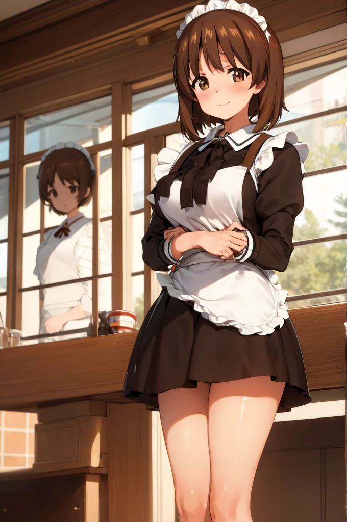 1girl, solo, girls und panzer, nishizumi miho,  brown eyes, brown hair, short hair, (maid uniform:1.4),closed mouth,happy,indoors, cafe 