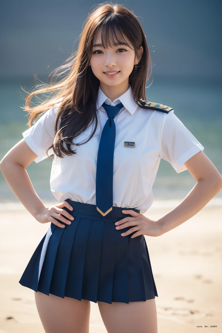 ((school uniform)),ribbon at neck,(school uniform and ((navy skirt)) and white shirt:1.1), Skin color, big , smile, (8k, RAW Photos, Highest quality, masterpiece:1.2), masterpiece, super detailed, super high quality, (Realistic and Realistic photography:1. 37), High-resolution RAW color photos, Very delicate and beautiful, highly detailed, 8k壁紙, wonderful, detailed, Very eye, very detailed, very detailed skin, very thin fingers, very detailed nose, very detailed mouth, Perfect Anatomy, Upper Body, studio, Soft lighting, A full-body shot of a cute idol wearing a one-piece swimsuit, Playful pose, Hands on hips, smile, Pastel Background, Realistic, Attention to detail, studio photography