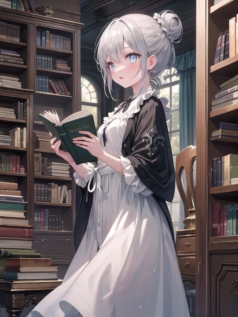 (8k, best quality, master piece: 1.2),super high resolution,1 girl, solo, ((colorshift eyes, hyperdetailed, expressive eyes)), ultra-detailed face, random hair, silver gray color, Ecstatic expression,She is reading in her quiet study. The old bookshelves and antique furniture add to the mood. Her silver hair is tied up in a simple bun, and she is wearing a classic long dress. She is photographed from the side, picking up a book and turning the pages gracefully.
