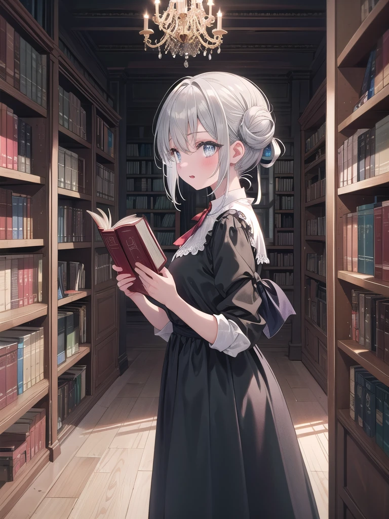 (8k, best quality, master piece: 1.2),super high resolution,1 girl, solo, ((colorshift eyes, hyperdetailed, expressive eyes)), ultra-detailed face, random hair, silver gray color, Ecstatic expression,She is reading in her quiet study. The old bookshelves and antique furniture add to the mood. Her silver hair is tied up in a simple bun, and she is wearing a classic long dress. She is photographed from the side, picking up a book and turning the pages gracefully.