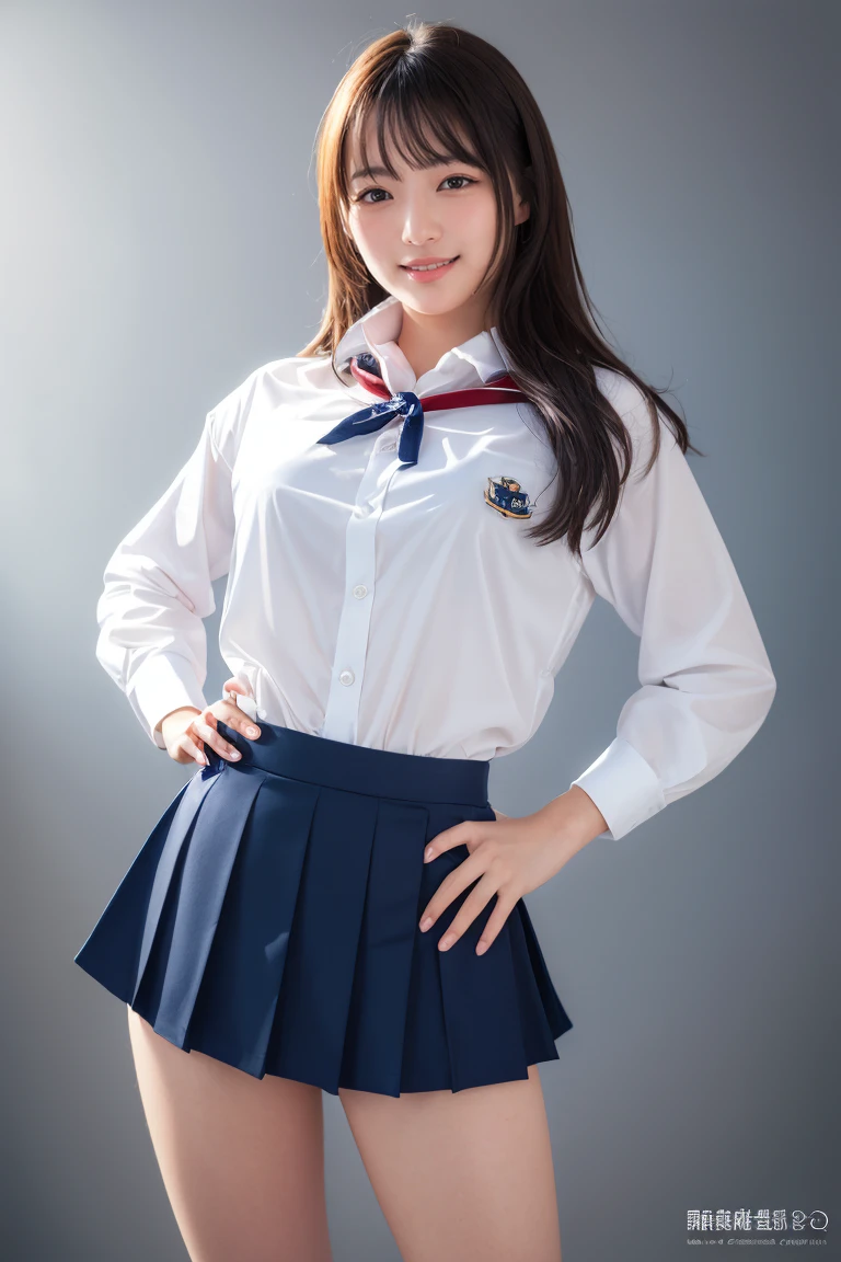 ((school uniform)),ribbon at neck,(school uniform and ((navy skirt)) and white shirt:1.1), Skin color, big , smile, (8k, RAW Photos, Highest quality, masterpiece:1.2), masterpiece, super detailed, super high quality, (Realistic and Realistic photography:1. 37), High-resolution RAW color photos, Very delicate and beautiful, highly detailed, 8k壁紙, wonderful, detailed, Very eye, very detailed, very detailed skin, very thin fingers, very detailed nose, very detailed mouth, Perfect Anatomy, Upper Body, studio, Soft lighting, A full-body shot of a cute idol wearing a one-piece swimsuit, Playful pose, Hands on hips, smile, Pastel Background, Realistic, Attention to detail, studio photography