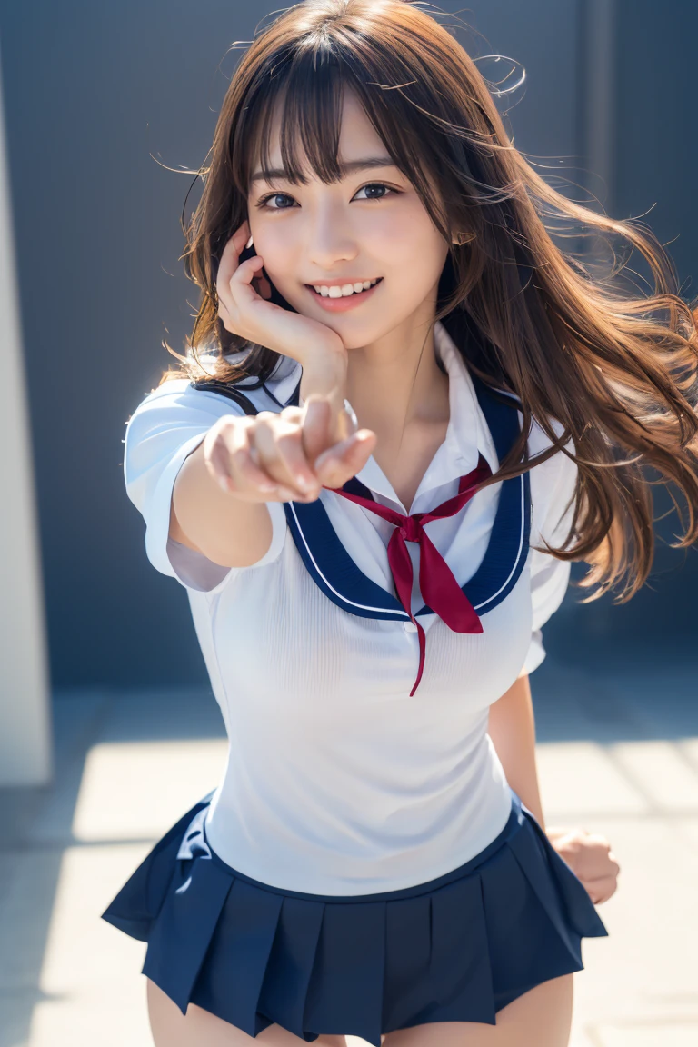 ((school uniform)),ribbon at neck,(school uniform and ((navy skirt)) and white shirt:1.1), Skin color, big , smile, (8k, RAW Photos, Highest quality, masterpiece:1.2), masterpiece, super detailed, super high quality, (Realistic and Realistic photography:1. 37), High-resolution RAW color photos, Very delicate and beautiful, highly detailed, 8k壁紙, wonderful, detailed, Very eye, very detailed, very detailed skin, very thin fingers, very detailed nose, very detailed mouth, Perfect Anatomy, Upper Body, studio, Soft lighting, A full-body shot of a cute idol wearing a one-piece swimsuit, Playful pose, Hands on hips, smile, Pastel Background, Realistic, Attention to detail, studio photography