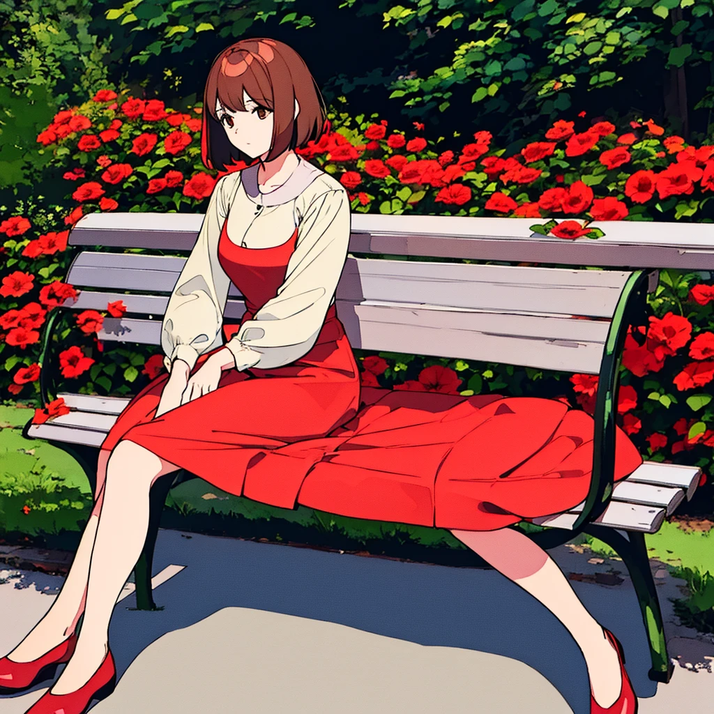 Light gray background Woman sitting on bench Red flowers Summer Brown short hair