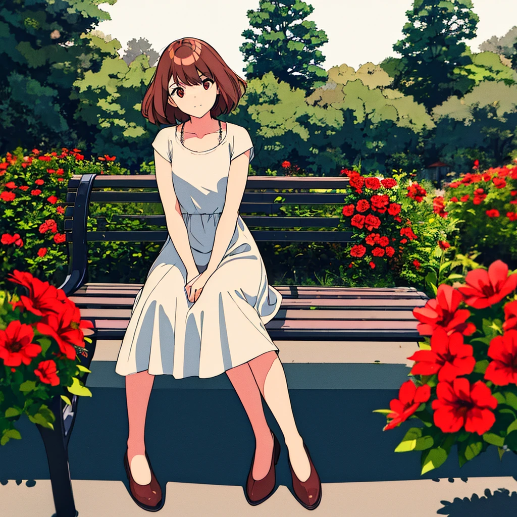 Light gray background Woman sitting on bench Red flowers Summer Brown short hair