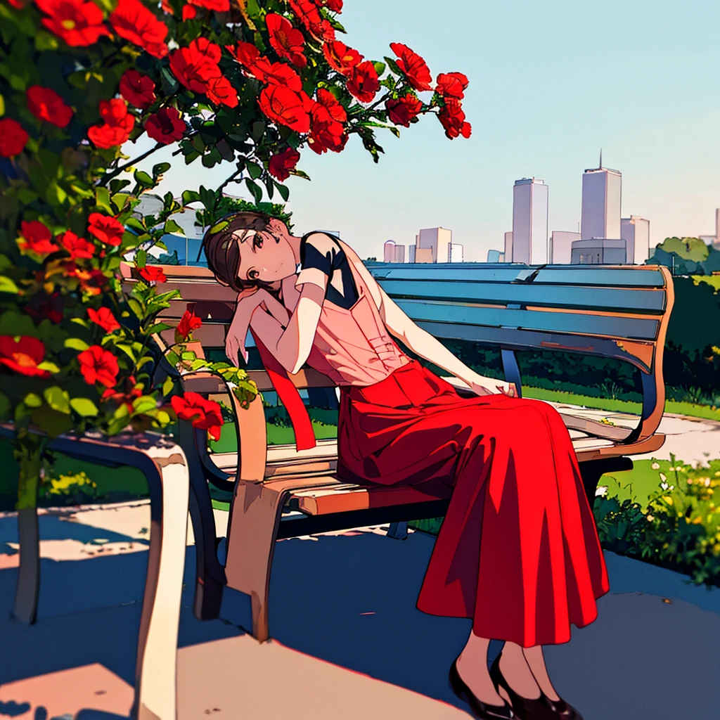 Light gray background Woman sitting on bench Red flowers Summer Brown short hair