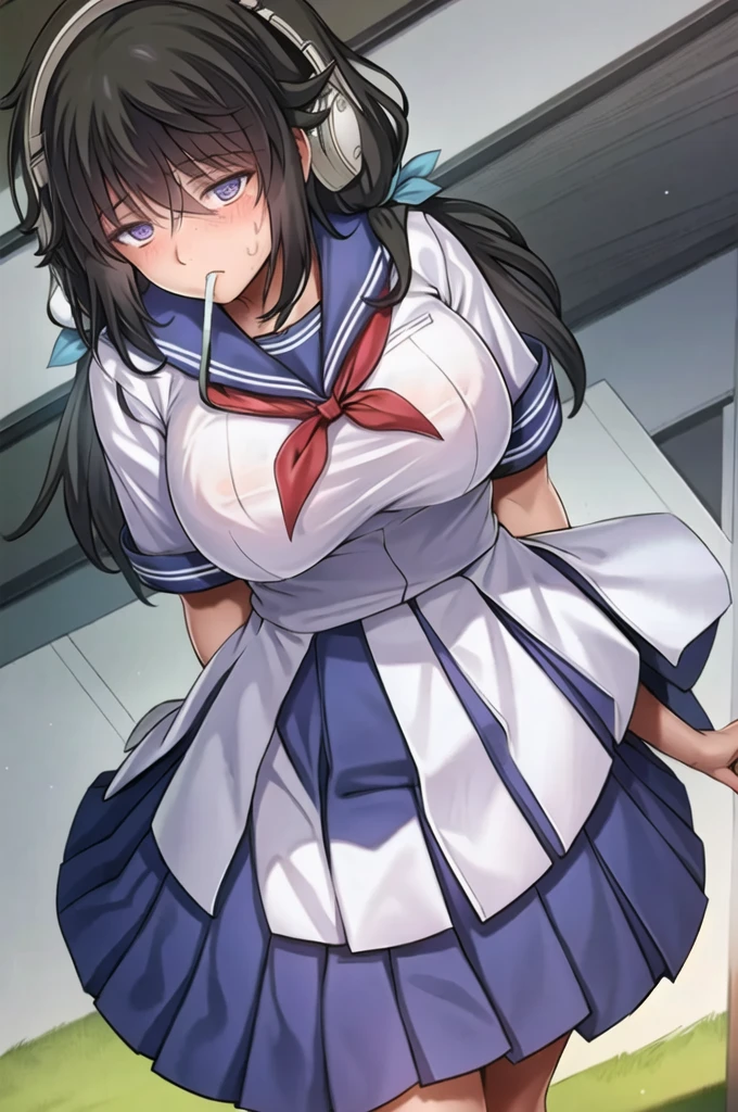 One girl, Highest quality, (masterpiece), (Highest quality),
Cowboy Shot, looking at the camera, Composition from the front, Mouth closed, Seraphim, Hair Ribbon, Sailor suit, Purple eyes, sanpaku,Sit on a chair, computer,Very large breasts、Used Condoms、soaked、Sweaty