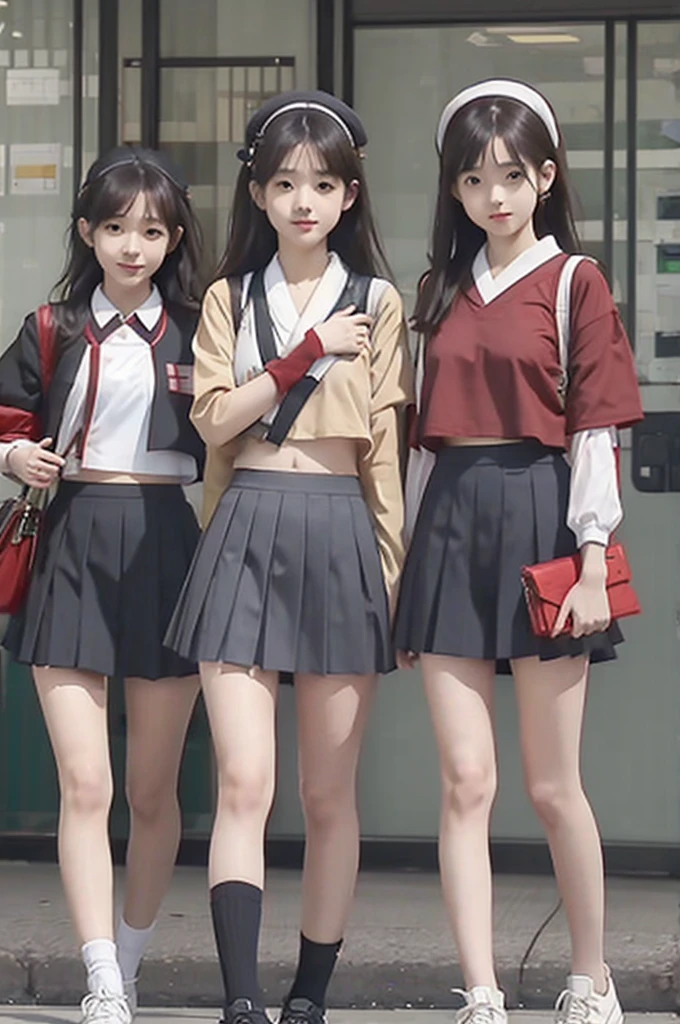 A large group of Japanese schoolgirls in short uniform skirts and open cropped tops 