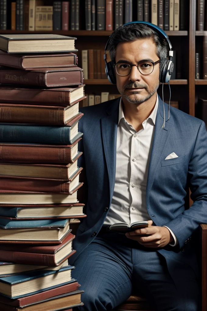 A full body owl, with glasses, headphones reading books, that can be seen on the side of several books, and make it look intellectual. That the books are seen stacked and on the other hand thrown away and among them books are seen on the cover like atomic habits rich dad poor dad