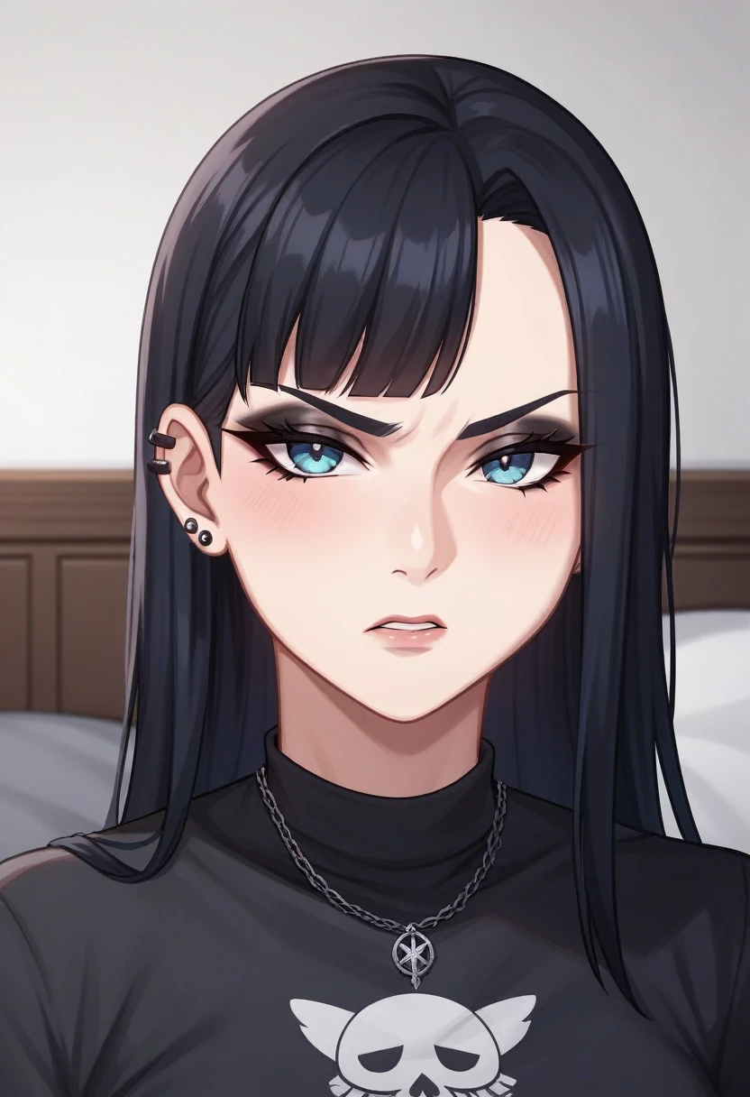 Adult, Female, black hair, annoyed, digruntled, goth girl, gothic, goth, goth bedroom, Masterpiece, Accurate, Anatomically Correct, Best Quality, High Details, Detail, Super Detailed, Best detail, Perfect detail, Amazing detail, [-3, 3], perfect body, best body, amazing body, Looking at viewer, front facing, upper body shot, Close-Up, 