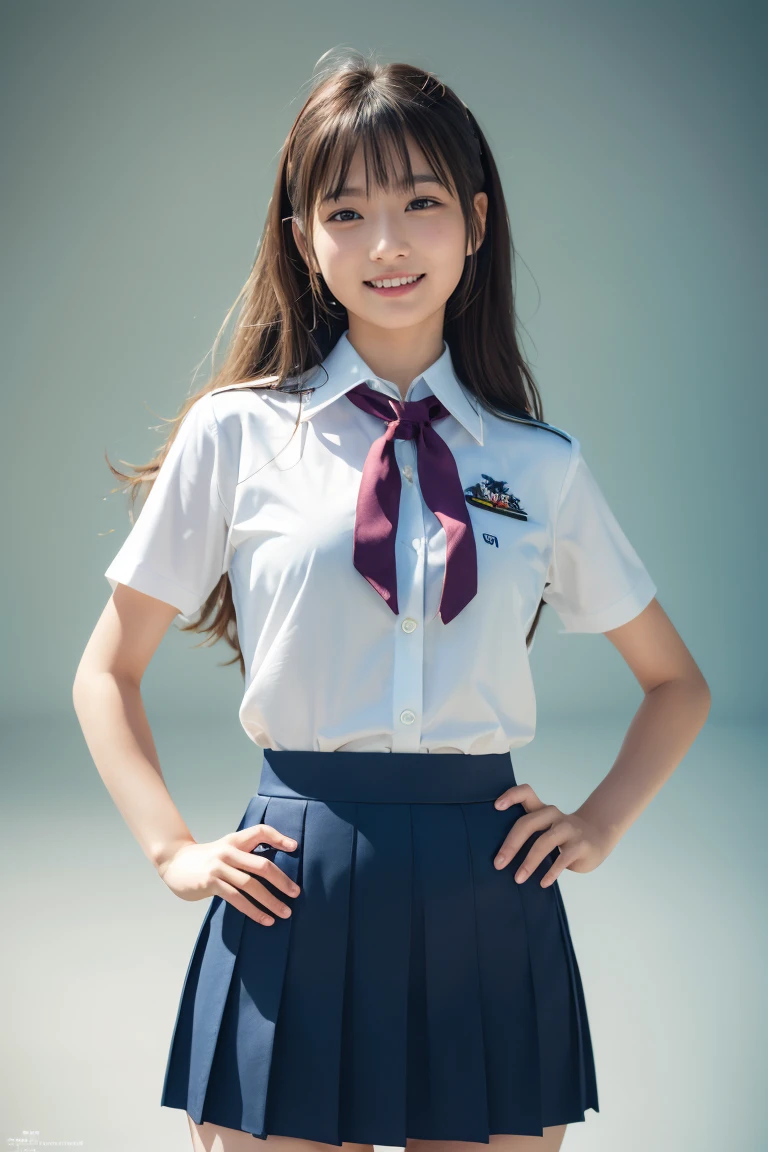 ((school uniform)),ribbon at neck,(school uniform and ((navy skirt)) and white shirt:1.1), Skin color, big , smile, (8k, RAW Photos, Highest quality, masterpiece:1.2), masterpiece, super detailed, super high quality, (Realistic and Realistic photography:1. 37), High-resolution RAW color photos, Very delicate and beautiful, highly detailed, 8k壁紙, wonderful, detailed, Very eye, very detailed, very detailed skin, very thin fingers, very detailed nose, very detailed mouth, Perfect Anatomy, Upper Body, studio, Soft lighting, A full-body shot of a cute idol wearing a one-piece swimsuit, Playful pose, Hands on hips, smile, Pastel Background, Realistic, Attention to detail, studio photography