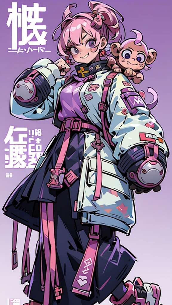 A light purple monkey-themed character, whole body, サイバーパンク, Wearing big sneakers, Combat Ready, Big machine hands, Simple Background, Magazine Cover, crazy eyes, tsurime, monkey ears, clenched teeth, grin, skin fang, raised fist, projected inset, UHD, best quality, highres, 8k